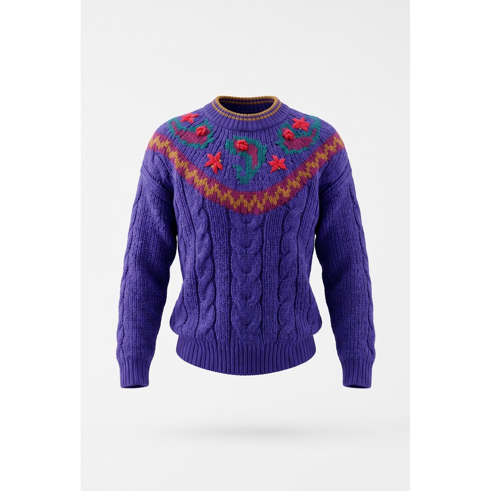 Spice of Life Vintage Purple Cable Knit Floral Yoke Sweater Womens Large L